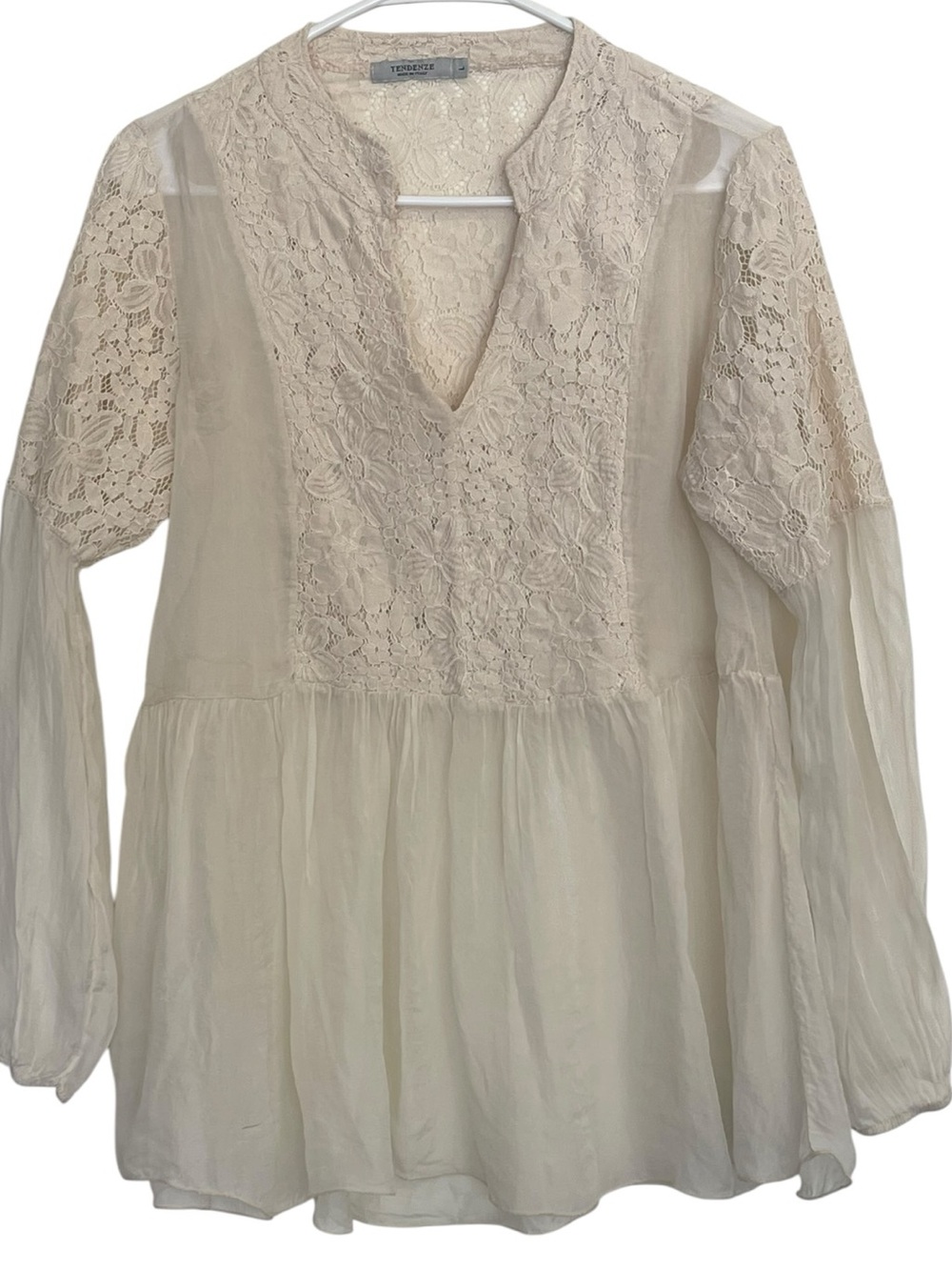 Lightweight Cream Lace Peasant Blouse with V-Neck